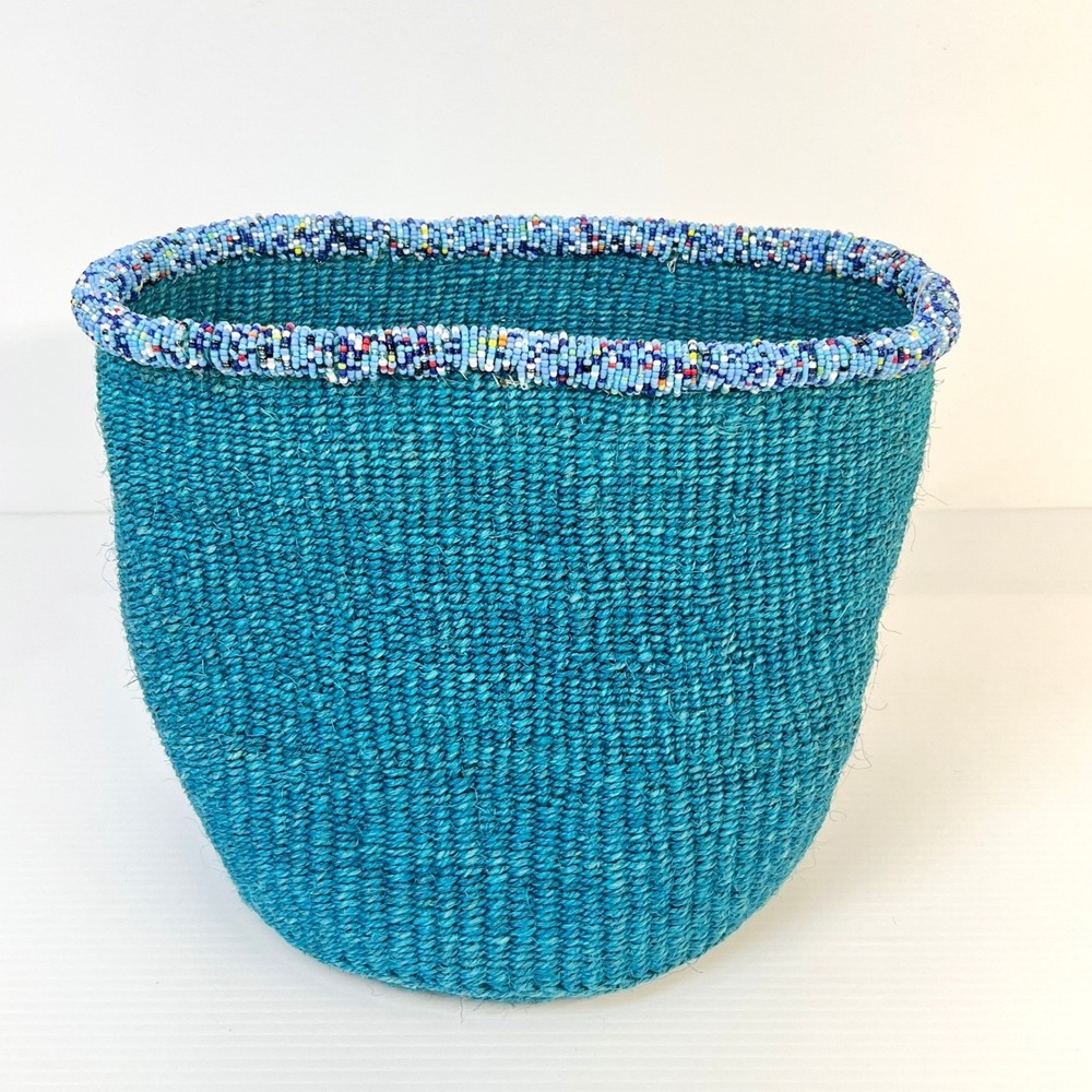 10"Kenyan Kiondo Handmade Sisal Basket Beaded Decorative Storage Plant Container